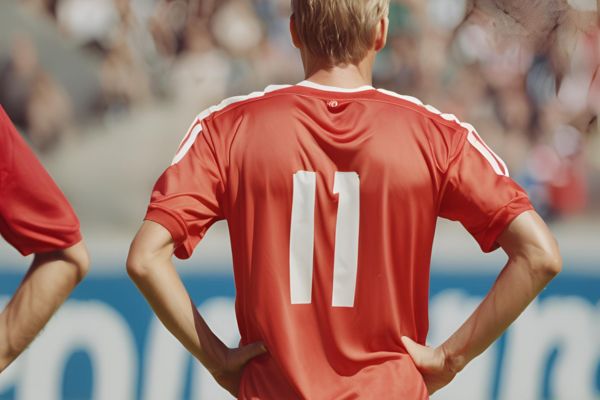 Back view of a football player in a red shirt with hands on hips.