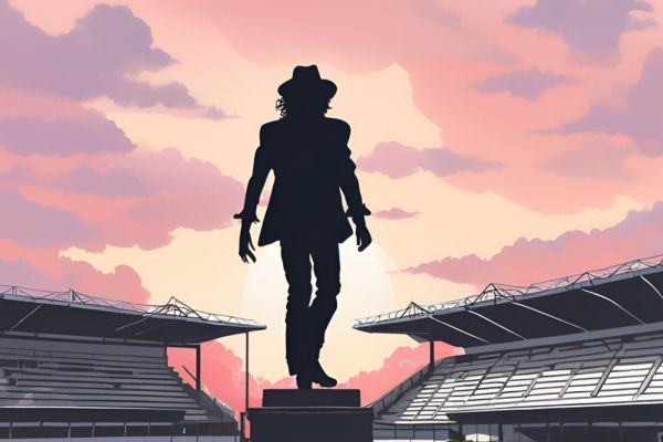 Silhouette of a famous pop star with a football stadium in the distance during dusk