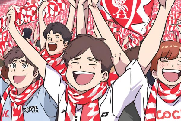 Animated image of Liverpool fans celebrating, holding scarves and flags.