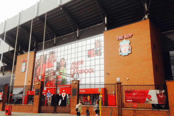 Outside view of the entrance to the Kop stand at Anfield Stadium.