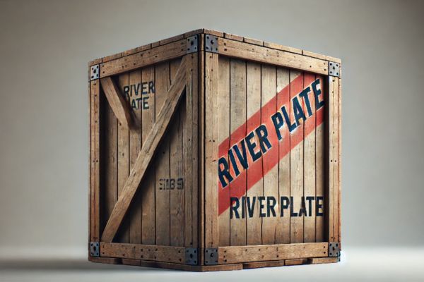 Vintage wooden shipping crate with 'River Plate' stamped on its side, featuring a diagonal red stripe.