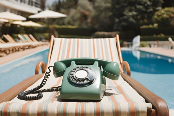 Retro green telephone placed on a deckchair with a swimming pool in the background.