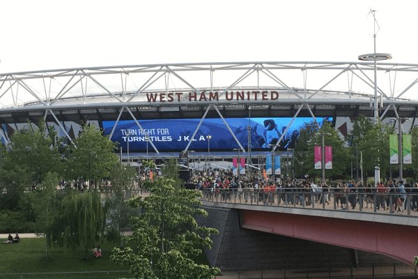 Exterior view of London Stadium, home of West Ham United and the venue for the London 2012 Olympics.