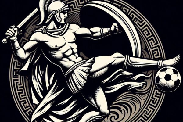 An AI stylized depiction of the Greek hero Ajax in a dramatic pose, perhaps holding a shield or sword with one foot reaching for a football.