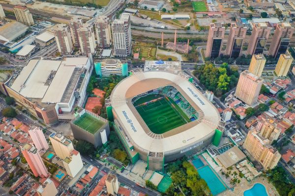 Aerial view of Allianz Parque, home of Palmeiras, showcasing the stadium's exterior and surrounding area.