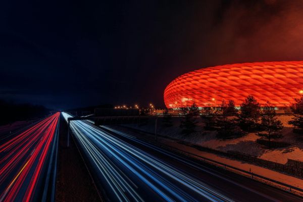 Image of Allianz Arena in Munich during night lite up in red