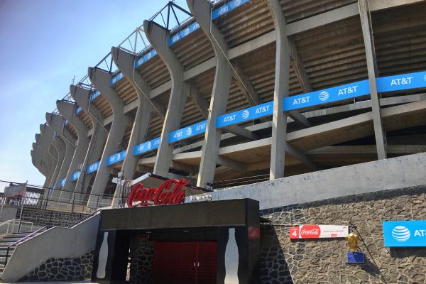 Exterior view of Estadio Azteca, showcasing its iconic architecture.