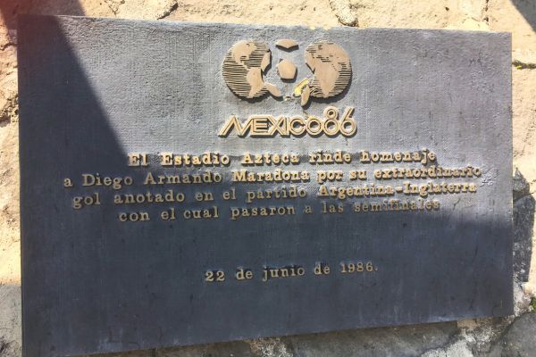 A plaque outside Estadio Azteca commemorating Diego Maradona's legendary goal against England during the 1986 World Cup—presumably for the one he scored with his foot!