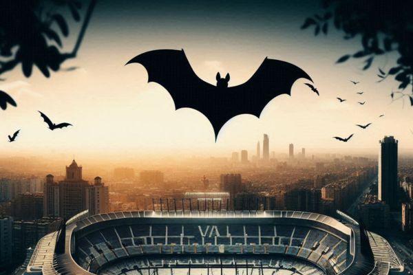 Silhouette of a bat with wings spread flying over a football stadium.