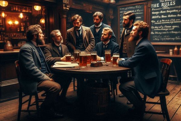 AI-generated image of a historical meeting at Freemasons Tavern in London, 1863, showing Victorian gentlemen discussing the rules of football.