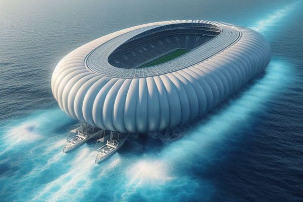 animated image illustrating the allianz arena stadium sailing on water.