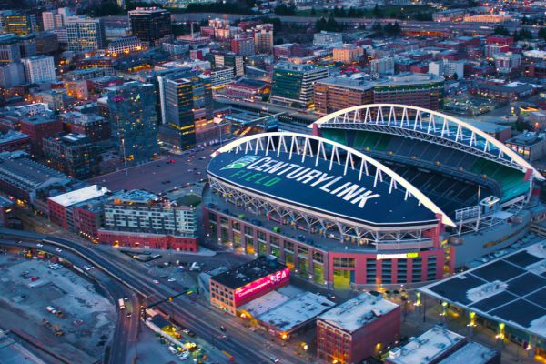 Aerial view of Lumen Field, showcasing the stadium's exterior and surrounding area in Seattle.