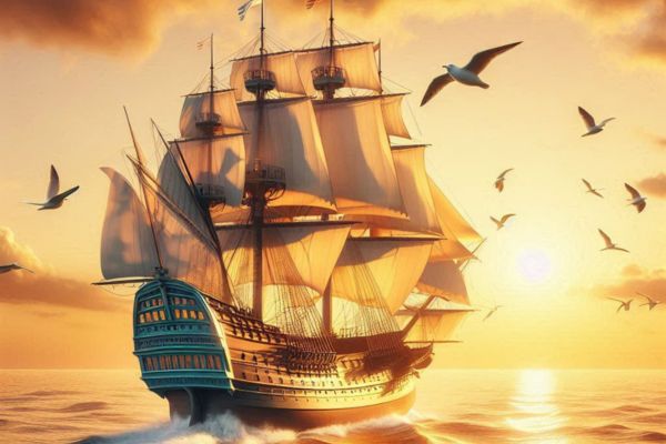 AI-generated image of the Mayflower sailing towards a vibrant sunset over the ocean.