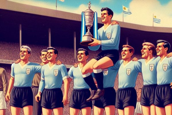 AI-generated image of Uruguayan football players celebrating their victory in the 1950 FIFA World Cup.