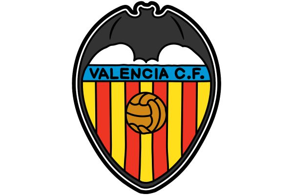 Animated Valencia CF badge featuring a bat atop a shield with red and yellow stripes and a football at the bottom.