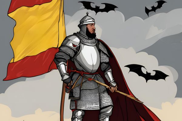 King James I of Aragon in 13th-century armor holding a flag with a bat landing on it, set against a medieval battlefield before the battle for Valencia.