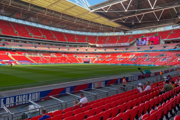 Empty interior of Wembley Stadium, London.