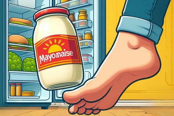 Animated image of a jar of mayonnaise falling onto a foot.