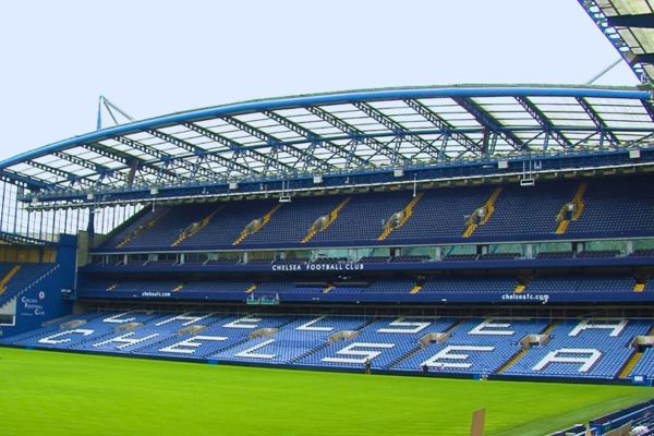 Empty interior of Stamford Bridge, home of Chelsea FC.