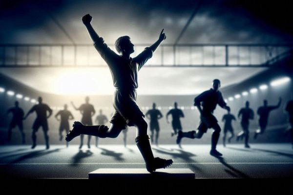 Silhouette of a historic football player celebrating with arms raised in triumph, with a blurred crowd of footballers chasing behind in a vibrant stadium setting.