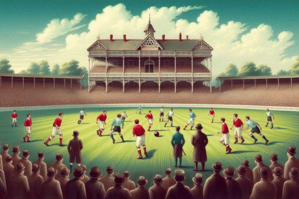 Illustration of The Oval cricket ground during the first FA Cup final in 1872, featuring players in vintage football kits, a football on the pitch, and a vibrant crowd of spectators with the iconic pavilion in the background.