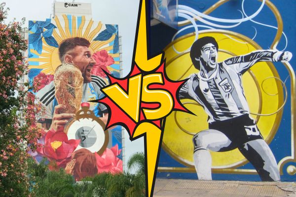 Murals of Lionel Messi and Diego Maradona side by side with 'vs' written in between, representing the rivalry over who is football's greatest.