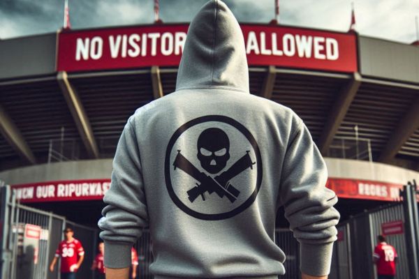 A single football fan in a hoodie with a unique design on the back stands in front of a 'No Visitors Allowed' sign outside a generic stadium.