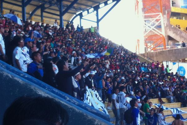 Local fans passionately watching a soccer match at a stadium in Potosí, wearing team colors and displaying enthusiasm.