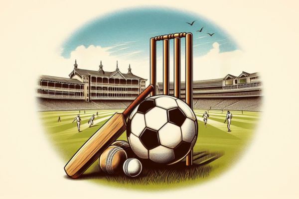 Vintage-style illustration featuring a cricket ball and wickets alongside a classic football, with The Oval cricket ground’s iconic architecture in the background.