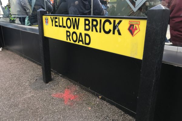 Yellow Brick Road sign unveiled by Sir Elton John outside Vicarage Road in 2023