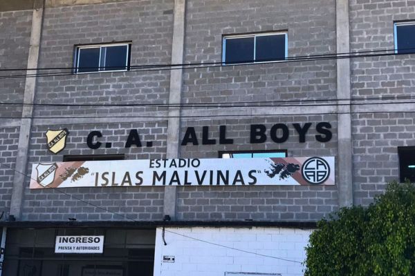 Sign outside CA All Boys’ Estadio Islas Malvinas stadium