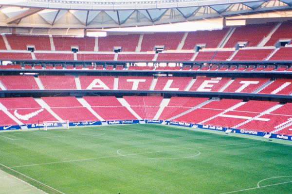 View of the pitch and seating area inside Metropolitano Stadium, home of Atletico Madrid.