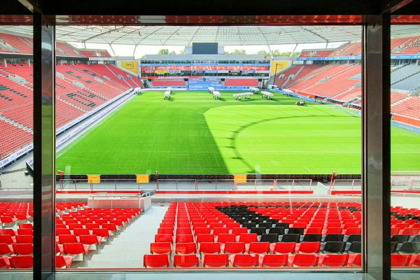 View of the pitch and seating areas at the BayArena, home of Bayer Leverkusen.