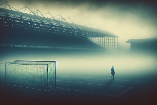 A lone goalkeeper standing in a fog-filled football stadium, with only faint outlines of the stands visible in the mist.