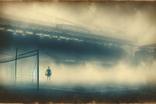 A lone goalkeeper standing on the pitch, gazing at thick fog that envelops the stadium.