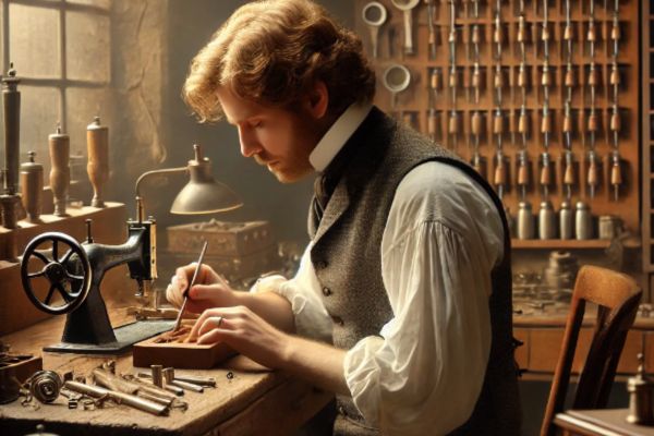 An illustration depicting Joseph Hudson, a 19th-century toolmaker, working at a wooden workbench in his Birmingham workshop crafting the world’s first sports whistle.