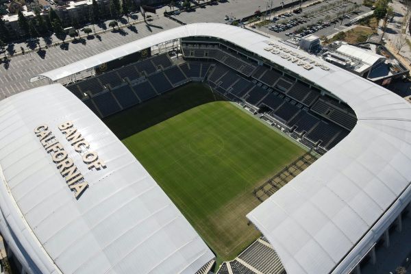 Aerial view of the LAFC stadium in Los Angeles, showcasing its unique design and soccer-specific layout.