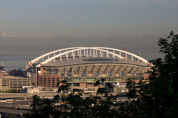 Distant view of Lumen Field in Seattle, showcasing its distinctive architecture and surrounding cityscape.