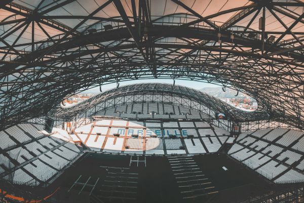 Empty interior of Stade Vélodrome in Marseille.