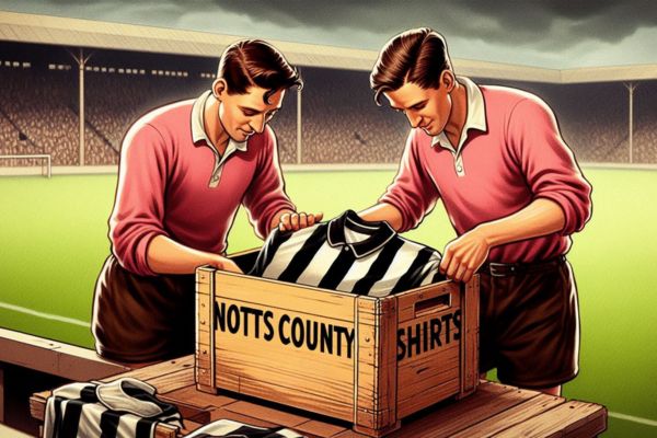 Generated animated image of two players opening crate of Notts County Shirts.