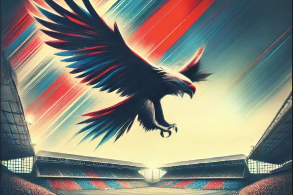 An eagle soaring in the sky over a football stadium, symbolizing strength and ambition, with a vibrant crowd in the background.