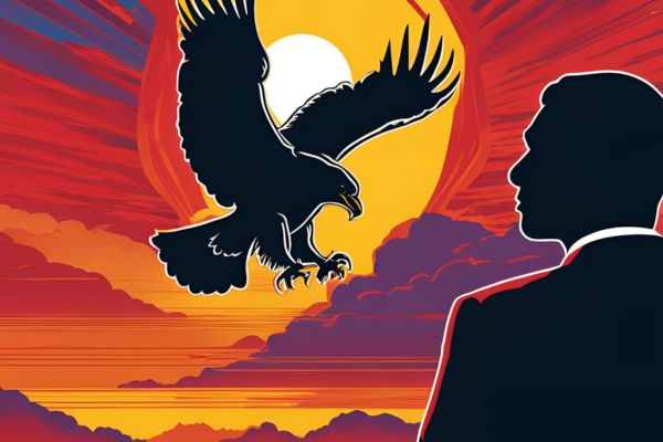 Animated silhouette of man in suit looking at image of an eagle.