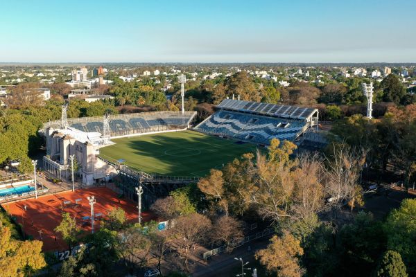 Aerial view of Estadio Juan Carmelo Zerillo, the home stadium of Gimnasia La Plata, surrounded by trees in La Plata, Argentina.