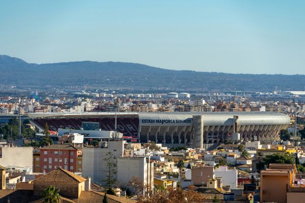 Aerial view of Estadi Mallorca Son Moix, home of RCD Mallorca, showcasing the stadium's structure and surrounding area.