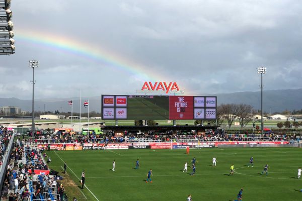 Large scoreboard behind the goal at PayPal Park displaying match information during a live game.