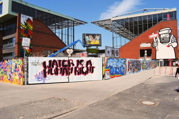 Graffiti on the exterior walls of Millerntor Stadium, reflecting the creative and rebellious spirit of FC St. Pauli.