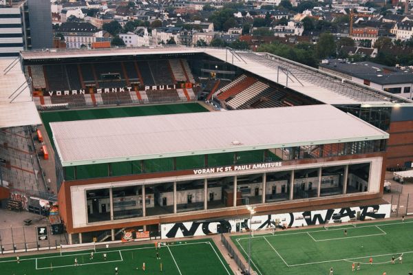 Aerial view of Millerntor Stadium in Hamburg, surrounded by the vibrant St. Pauli district.