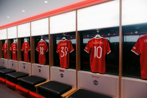 Players' dressing room at Old Trafford, home of Manchester United.