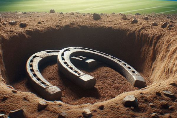 Animated horseshoes in dirt hole.