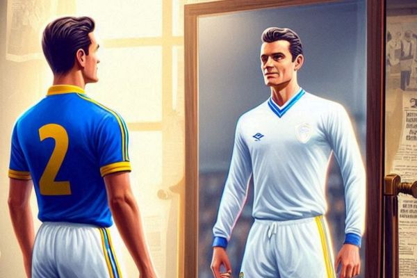 Animated Image of a Leeds United Player looking in mirror and seeing refelction is wearing new white kit.